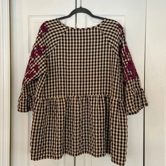 Layerz Willow Top. Black and cream gingham with plum embroidered sleeves. - Picture 2 of 7